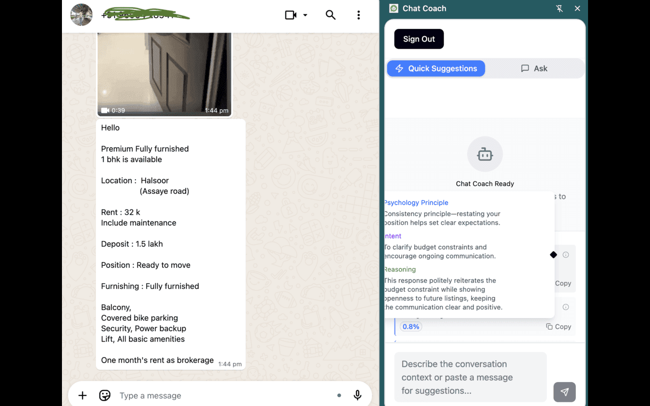 Chat Coach interface screenshot 1 showing real-time communication guidance